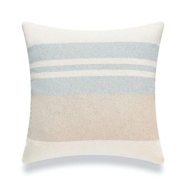 Hofdeco Beach Coastal Decorative Pillow Cover ONLY for Couch, Sofa, or Bed, Light Blue Tan Taupe Color Blocked Stripe, 18"x18"