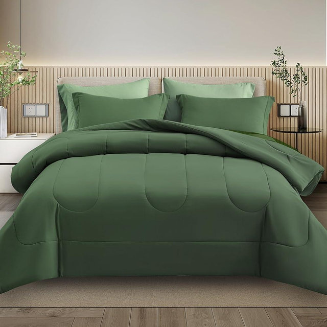 Maple&Stone Queen Size Comforter Set 7 Pieces Bed in a Bag - Down Alternative Bed Set with Sheets, Pillowcases & Shams, Soft Reversible Duvet Insert for Queen Bed, Olive Green