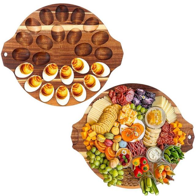 DI QIU REN Acacia Wood Deviled Egg Platter with Handles, 13 Inch 24 Holes Deviled Egg Serving Tray, Round Egg Container Holder Reversible Charcuterie Board for Countertop Easter Chrismas Thanksgiving