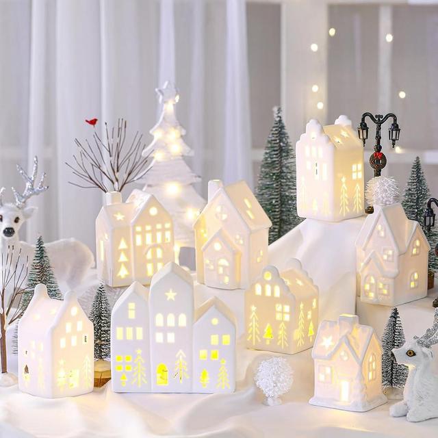 Cindeer 26 Pcs Ceramic Christmas Village Set, 8 LED Christmas Village Houses, 16 Christmas Trees Farmhouse 2 Lamp Post Christmas Scenes Decor White Christmas Tabletop Decoration (Elegant)