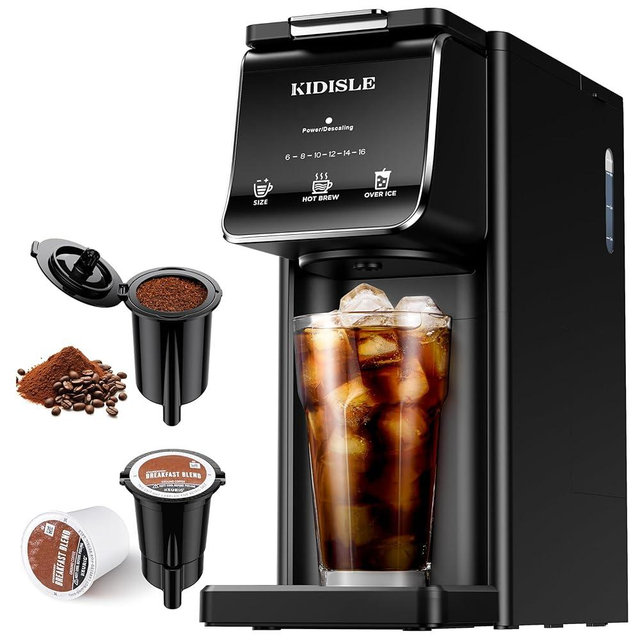 KIDISLE Hot & Iced Single Serve Coffee Maker for K Cup & Grounds, 6–16oz Brew Sizes, 40oz Water Tank, Reusable Pod Filter, Easy-to-Use, Black