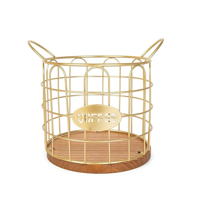 Fving Coffee Pod Holder, Large Capacity K Cup Holder Organizer,Big Metal Kcup Capsule Storage Basket with Wooden Base, Coffee Bar Decor Station Accessories for Kitchen Counter Office Desktop (Gold)