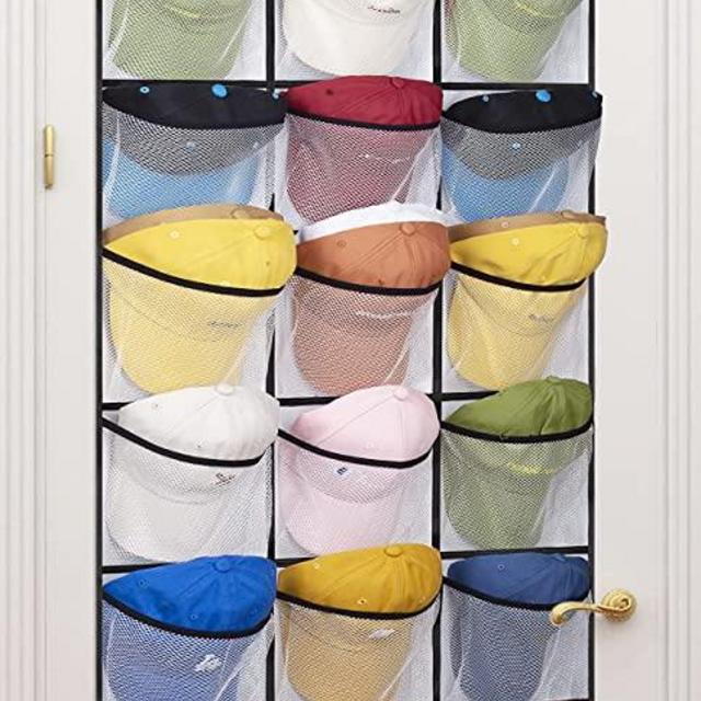 AOODA Hat Racks for Baseball Caps Organizer, Over The Door Hat Storage with 24 Clear Deep Elastic Mesh Pockets Cap Holder Hanger for Closet, White