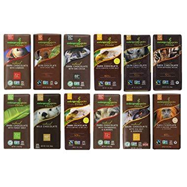 Endangered Species Chocolate Variety Pack 12 Flavors (Pack of 12) (Dark Chocolate with Cinnamon Cayenne, Dark Chocolate with Sea Salt & Almonds, Dark Chocolate with Cherry, Tiger Dark Espresso Beans, Rain Forest Dark Mint, Extreme Dark Chocolate , Wolf Dark Cranberry Almond, Sea Otter Milk Chocolate, Chimpanzee Dark Chocolate, Hazelnut Toffee, Panther Extreme Dark Chocolate, Dark Chocolate Blackberry Sage)