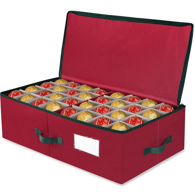 BlessedSeason Christmas Ornament Storage Box Fit Balls (36 PCS 4’’ or 64 PCS 3”) with Adjustable Dividers, Cube Storage Containers Organizer, Stackable Storage Bins Dual Zipper, Handles, Visual Slot