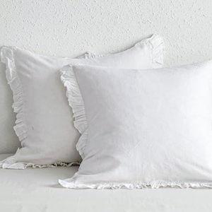 Simple&Opulence 100% Linen Euro Sham Covers with Ruffle, 2Pcs Pillow Covers 26x26 Inches, Euro Pillow Shams for Bed Couch French Home Decor Luxury and Breathable Square Pillow Cases, White