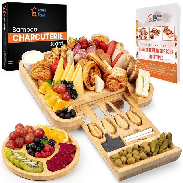 Large Bamboo Charcuterie Board Set with Hidden Drawer Storage | Cheese Board with Knives & Bowls | Perfect Housewarming, Bridal Shower