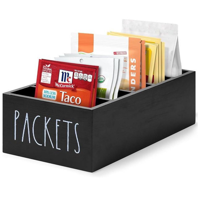 Seasoning Packet Organizer, Spice Packet Storage Organizer with 5 Compartments, Wooden Food Packet Organizer, Caddy Storage for Kitchen Pantry Cabinet, Modern Kitchen Organization Bins(Black)