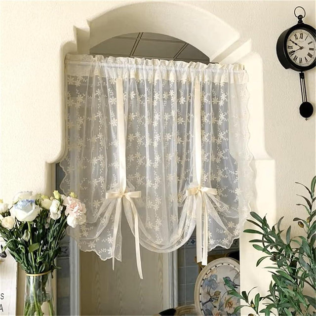 KMSG Bowknot Tie Up Kitchen Curtain Floral Balloon Lace Sheer Curtain Tiers for Small Cafe Windows Rod Pocket Light Filtering Ruffled Voile Window Valance for Wedding 1 Panel W55 x L39 Inch