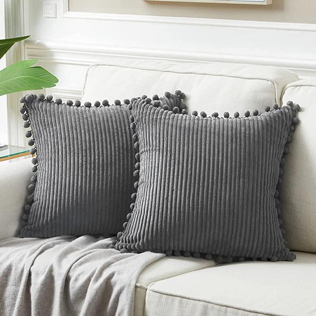 Fancy Homi 2 Packs Dark Gray Decorative Throw Pillow Covers 20x20 Inch with Pom poms, Boho Farmhouse Home Decor, Soft Corduroy Accent Square Cushion Case for Living Room Couch Bed Sofa 50x50 cm
