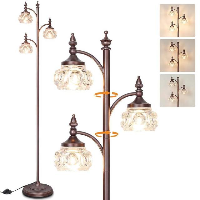 JUNNAI Brown Tree Floor Lamps for Living Room 66.5'' Standing Lamp with 3 Rotatable Lights Glass Shade Modern Lamp for Living Room Bedroom Office(3LED Bulbs Included)