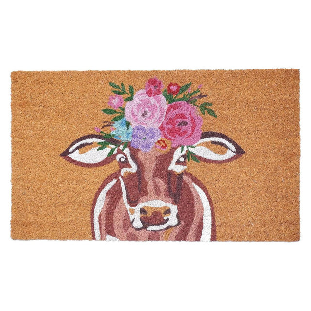 HomeRoots 17" X 29" Brown And Pink Floral Cow Outdoor Coir Door Mat