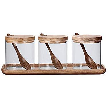 Kitchen Canister With 3pc Glass Spice Condiment Jars Sugar Can Food Storage Containers with Wood Lids and Wooden Spoon for Coffee Spice Storage Container
