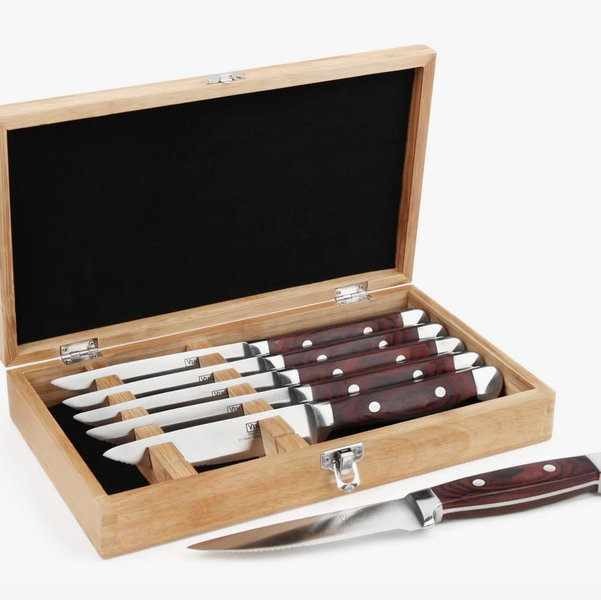 Viking 6 Piece Red Pakkawood Serrated Steak Knife Set with Presentation Case