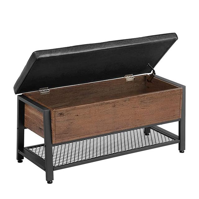 VASAGLE Industrial Storage Bench, Shoe Bench, Bed End Stool with Padded Seat and Metal Shelf, Storage Chest, Sturdy Steel Frame, Hallway, Living Room, Hazelnut Brown and Black ULSB047B03