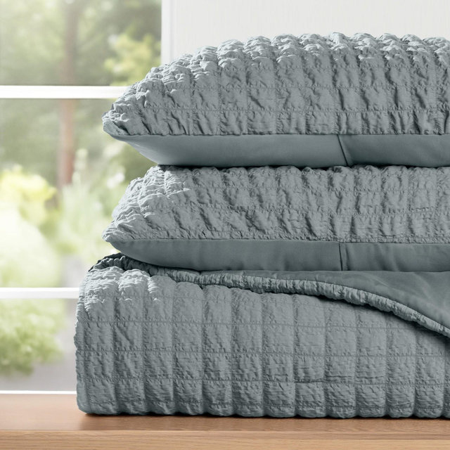 Seersucker Textured Comforter Set, All-Season Down Alternative  Ultra Soft & Lightweight  3PC - Becky Cameron, Light Blue, King/California King