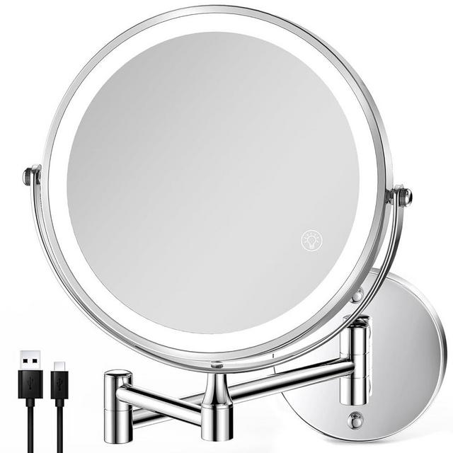 8.5 Inch Rechargeable Wall Mounted Lighted Makeup Mirror, Double-Sided 1X/10X LED Magnifying Vanity Mirror with Lights, 3 Color Lights Touch Screen Dimmable 360°Swivel 18 Inch Extendable - Chrome
