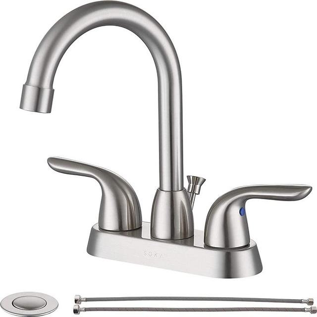 SOKA 2 Handle Bathroom Faucet Brushed Nickel, 4 Inch Brushed Nickel Bathroom Sink Faucet Centerset with Drain Assembly and Supply Hoses, RV Bathroom Faucet 3 Holes, Brushed Nickel Bathroom Faucet