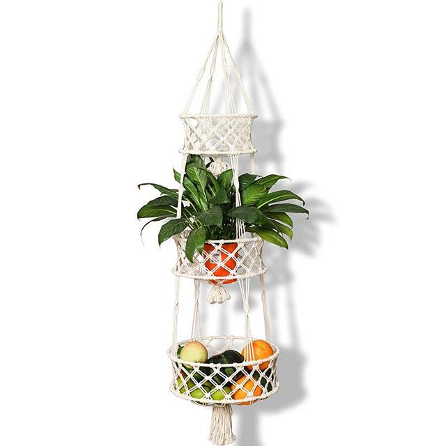 Hanging Fruit Basket - Space Saving 3 Tier Macrame Hanging Fruit Bowl for Kitchen or Decorative Boho Decor Hanging Plant Holder - Use for Produce Baskets, Indoor Planter Hangers