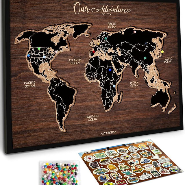 flinelife Cork World Push Pin Map,16X12, World Travel Map With Pins, Perfect For Couples or Retirement Gift