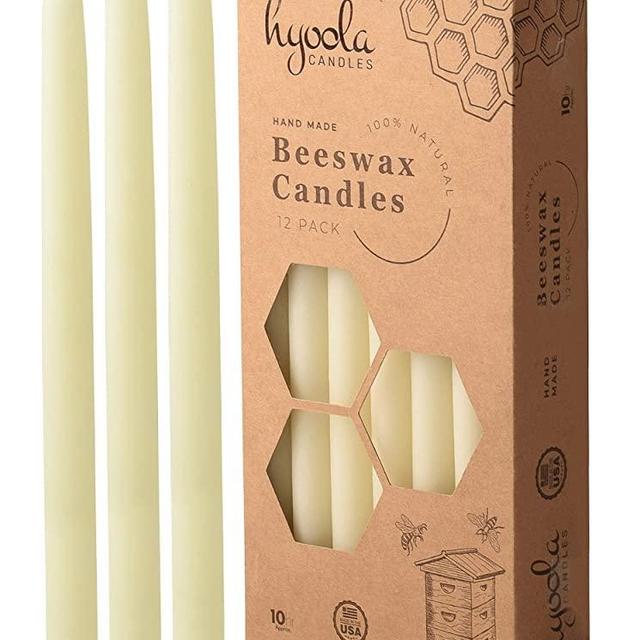 10" Beeswax Taper Candles 12 Pack - Handmade, All Natural, 100% Pure Unscented Bee Wax Candle - Tall, Decorative, White - 10 Hour Burn Time