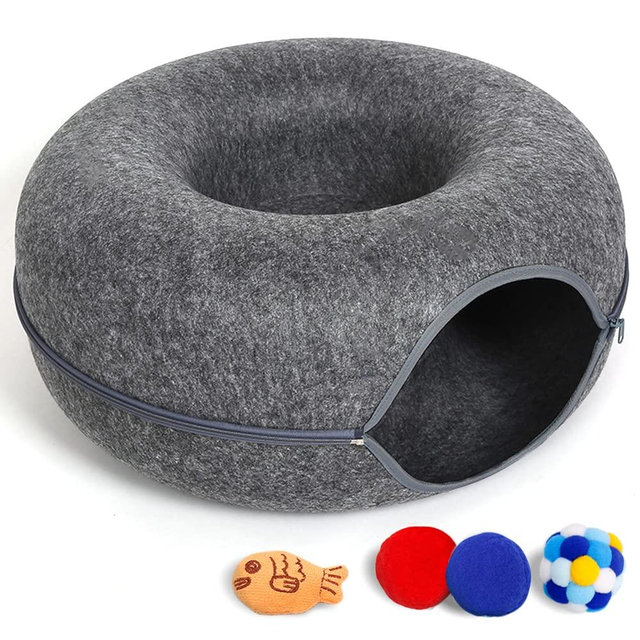 Cat Tunnel Bed for Indoor Cats with 4 Toys, Scratch Resistant Detachable and Washable Large Donut Cat Bed, Available in All Seasons