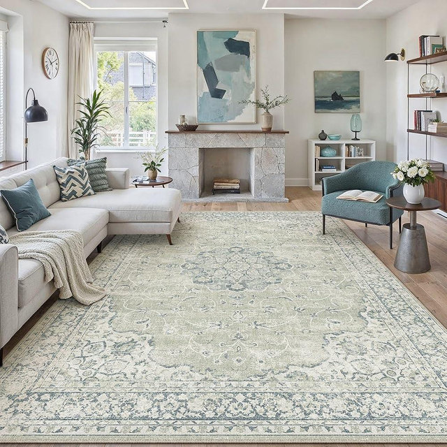 HUGEAR Machine Washable Area Rugs 8x10 Vintage Sage Green Large Living Room Bedroom Rug Neutral Style Non Slip Stain Resistant Low Pile Throw Carpet for Home Retro Aesthetic Modern Decor