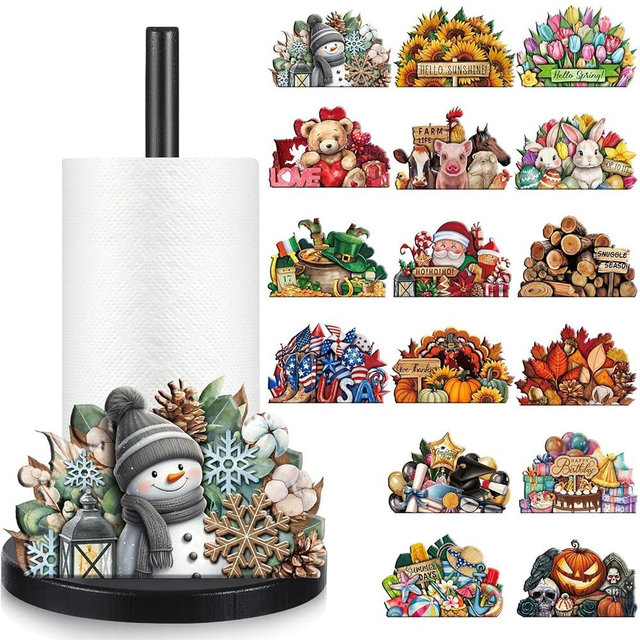 LemonRoad 17 Pcs Winter Interchangeable Kitchen Paper Towel Holder Wooden Holiday Countertop Paper Towel Holder with Interchangeable Decorations for Home Bathroom Spring Sunflower