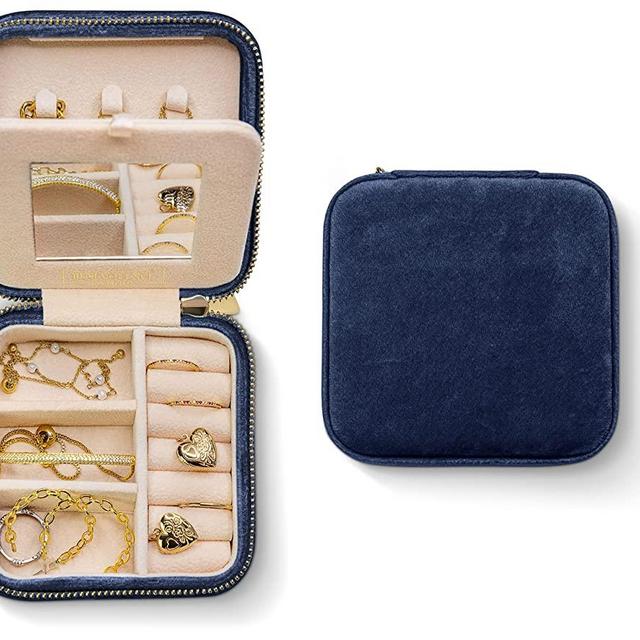 Plush Velvet Travel Jewelry Box Organizer | Travel Jewelry Organizer Box, Travel Jewelry Case | Small Jewelry Box for Women, Jewelry Travel Case | Earring Organizer with Mirror - Navy Blue