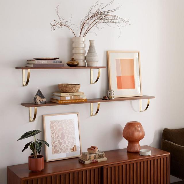 Linear Cool Walnut Wood Wall Shelves with Arch Brackets