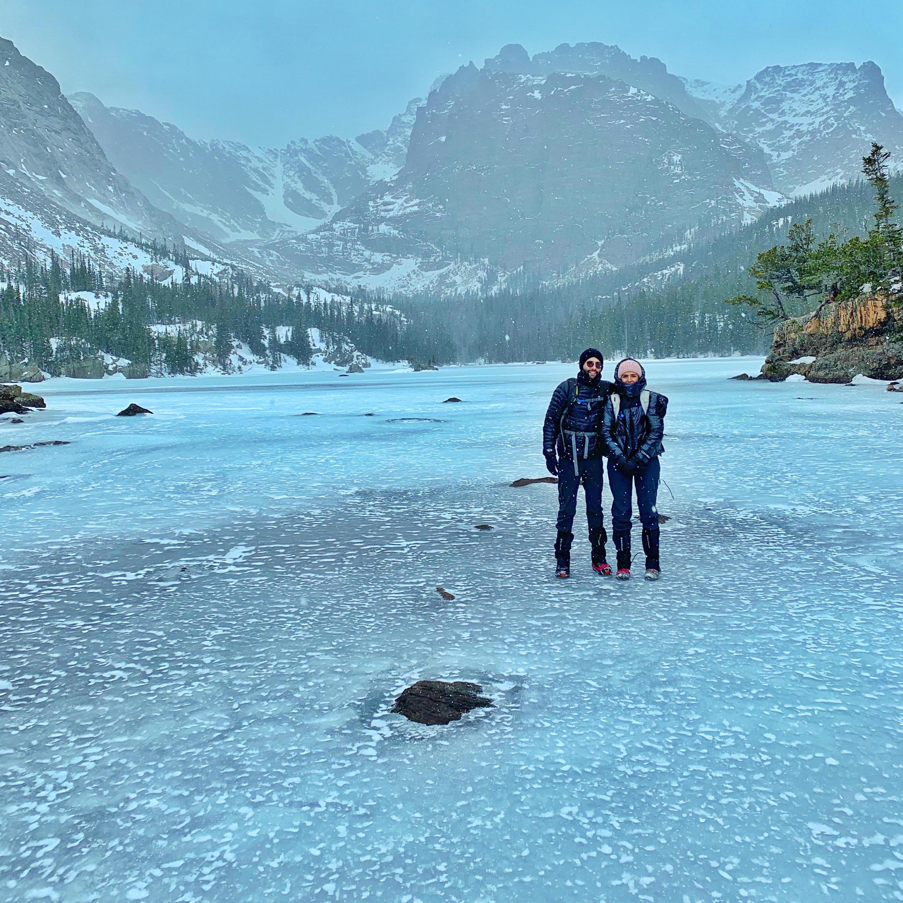 Walking on an iced lake for Pierre's Birthday! Rocky Mountain, Colorado