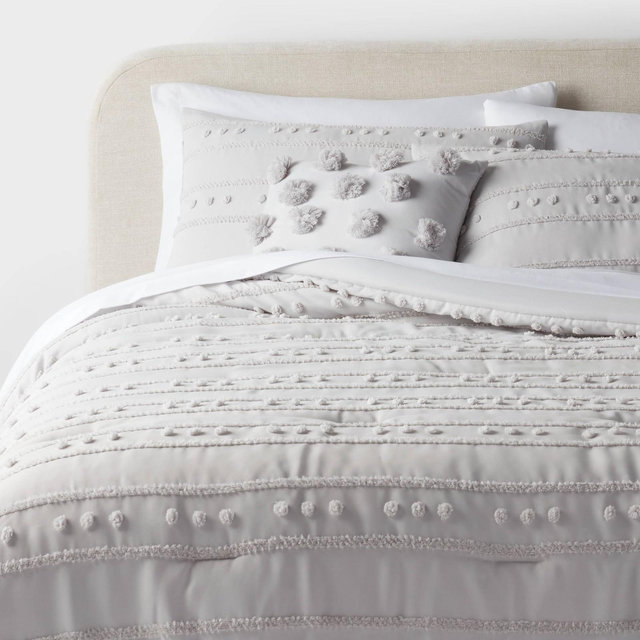 8pc King Clipped Stripe Poms Comforter and Sheet Set Gray - Threshold™