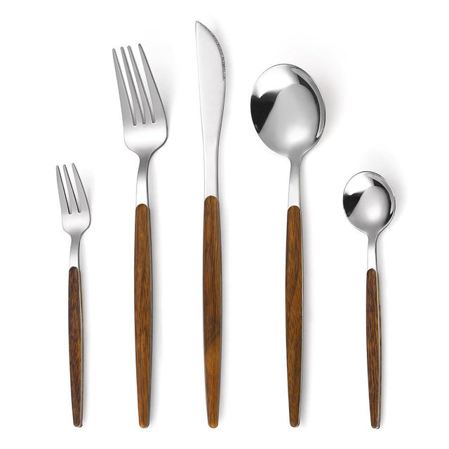 20-Piece Silverware Set with Cake Fork, Stainless Steel Flatware Cutlery Set for 4, Tableware Eating Utensils Set with Wooden effect Handle, Include Knife Fork Spoon, Mirror Finish, Dishwasher Safe