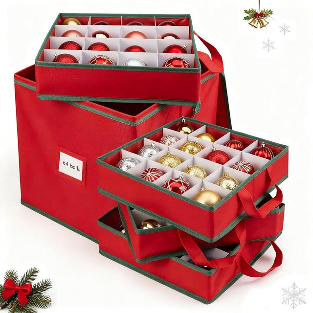 Atrastout Christmas Ornament Storage Box with 4 Trays, Holiday Decor Storage Organizer for 64 Balls, Zippered Oxford Fabric Bin with Adjustable Dividers & Removable Compartments