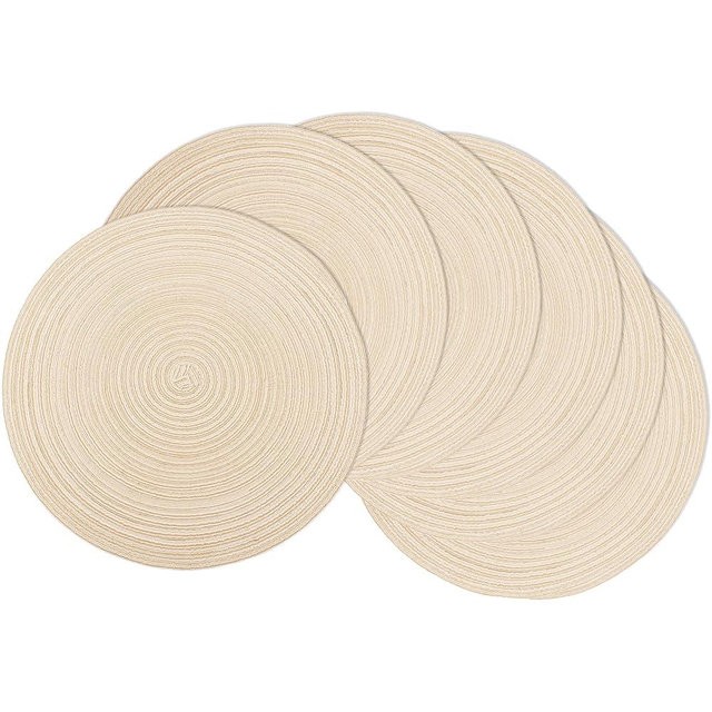Braided Round Placemats Set of 6, Woven Washable Non-Slip Table Mats for Kitchen Dining, 14.5 Inch, Heat Resistant - Natural Fabric Indoor Outdoor Place Mats(Beige)