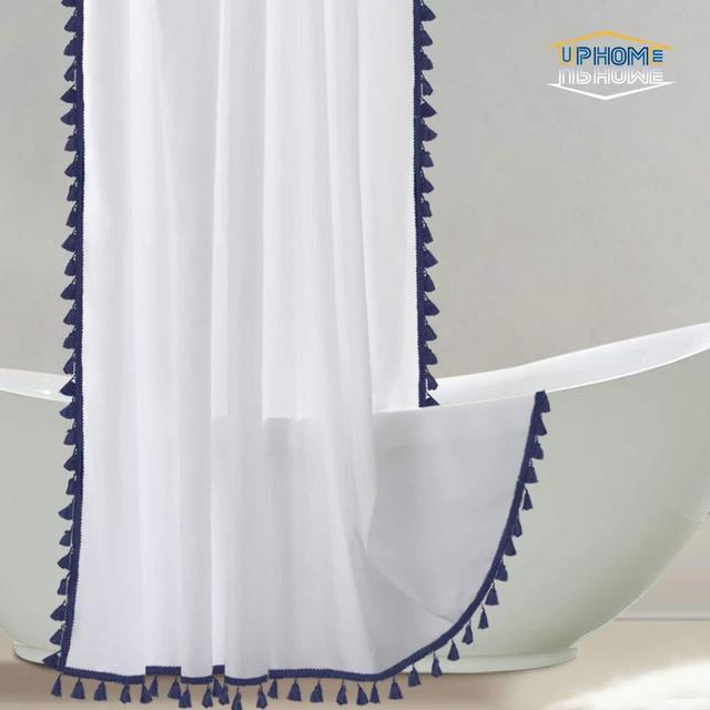 Uphome Tassel Shower Curtain, White Fabric Shower Curtain with Blue Fringe Trims, Vintage Boho Chic Cloth Shower Curtains for Bathroom Showers, 60 x 72