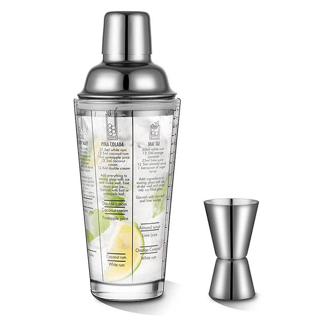 Glass Cocktail Shaker Printed with Recipes,14 oz Martini Shaker with Double Measuring Jigger,18/8 Grade Stainless Steel Mixing Shaker,Leak-Proof Lid,Drink Shaker,Bartender Kit Gifts(Black)