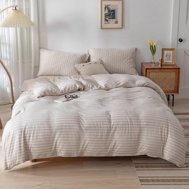 DONEUS Light Brown Duvet Cover King Size - 100% Jersey Knit Duvet Cover Set Striped Bedding Set 3 Pieces King Size Comforter Cover with Zipper Closure, 1 Duvet Cover 104x90 Inch and 2 Pillow Sham