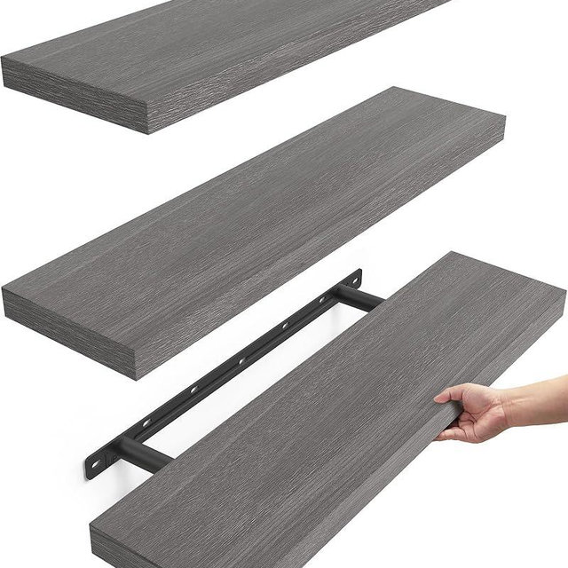 BAYKA Floating Shelves for Wall, 22.5 inches Wall Mounted Rustic Wood Shelves for Bathroom, Bedroom, Living Room, Floating Shelves for Books/Storage/Decor (Grey,Set of 3)
