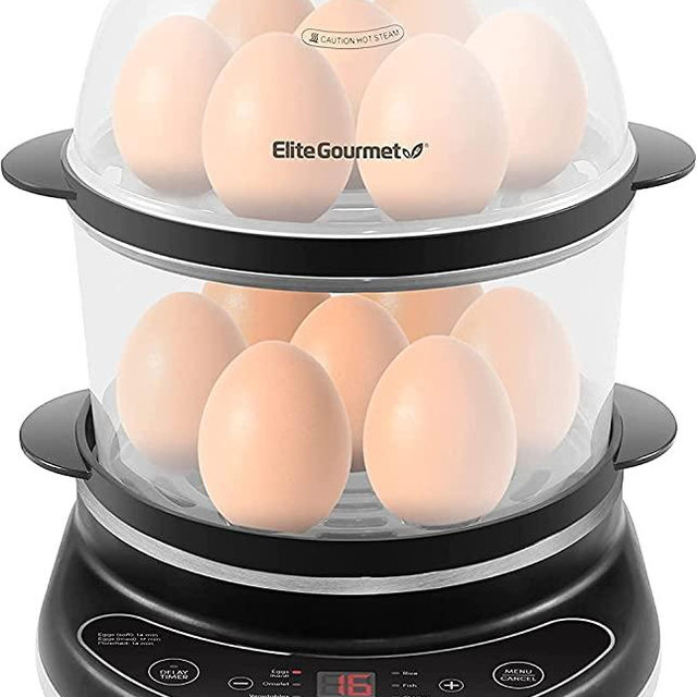 Elite Gourmet EGC314B Easy Egg Cooker Food Steamer, Rice Cooker, Poacher, Omelet & Soft, Medium, Hard-Boiled with Programmable Presets and Delay Timer, BPA Free, 14 eggs, Black