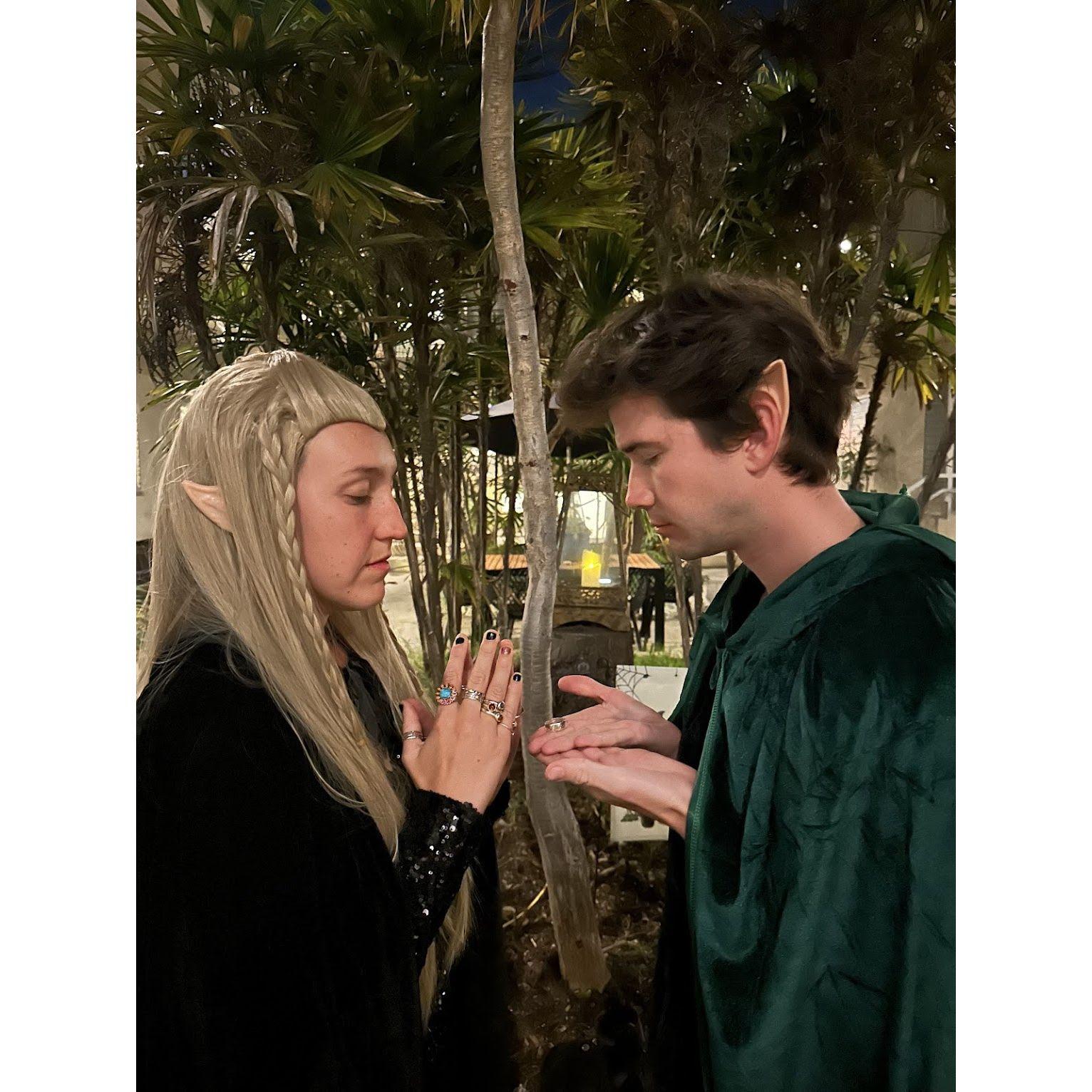Our most recent Halloween costume: Sauron & Celebrimbor from the fantasy show Rings of Power. (Sabrina didn't realize Sauron would cause Celebrimbor a lot of stress in the show... and his life!)