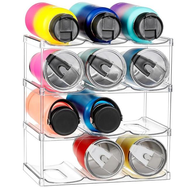 4 Tier Stackable Water Bottle Organizer for Cabinet - Premium Clear Holder for Tumbler, Cup, Travel Mug, Wine Rack Display - Home Kitchen Pantry Refrigerator Organization and Storage - Hold 12 Bottles