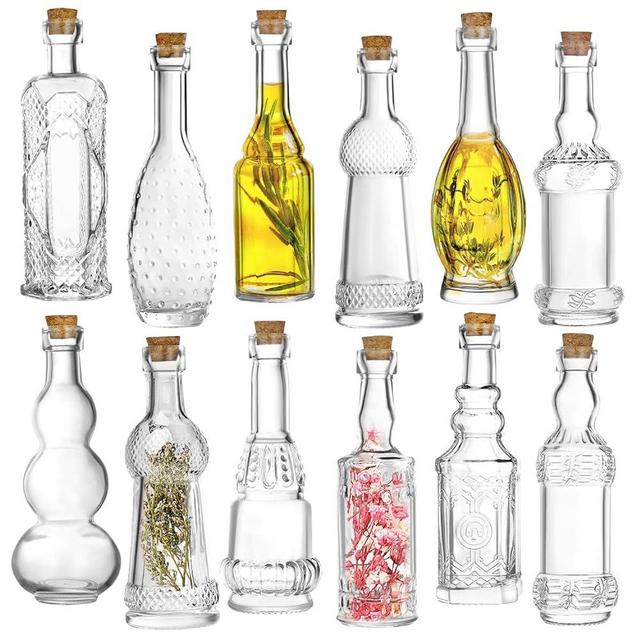 Kitchen Lux Vintage Small Bottles With Corks, Assorted Shapes [12-Pack] Clear Mini Glass Jars With Cork Lids For Crafts, Party Favors & Wedding Decorations- Small Bud Vases/Sand Art Bottles