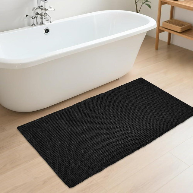ZALL Waffle Bath Mat Black Super Absorbent Non Slip Bathroom Rug,Rhombus Geometric 24x48inch,Machine Washable Ultra Soft Floor Mats