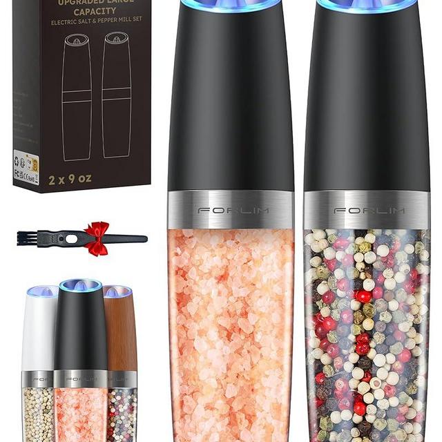 FORLIM Gravity Electric Salt and Pepper Grinder Set, 𝐔𝐩𝐠𝐫𝐚𝐝𝐞𝐝 𝟗 𝐎𝐳 𝐂𝐚𝐩𝐚𝐜𝐢𝐭𝐲, Battery Powered One Hand Automatic Operation, Adjustable Coarseness, LED Light - 2 Pack