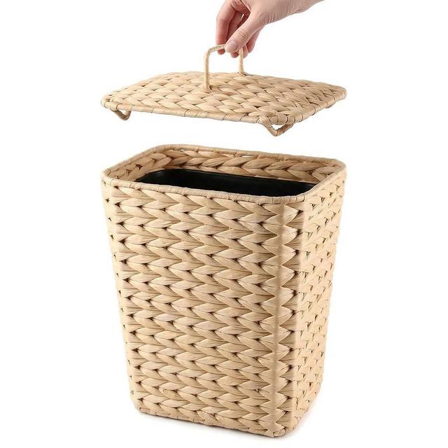deepredcoast 2.6 Gallon Wicker Trash Can with Lid, Handwoven Water Hyacinth Wastebasket with Removable Plastic Inner Bin, Small Decorative Rattan Trash Can for Bathroom Bedroom Office Kitchen