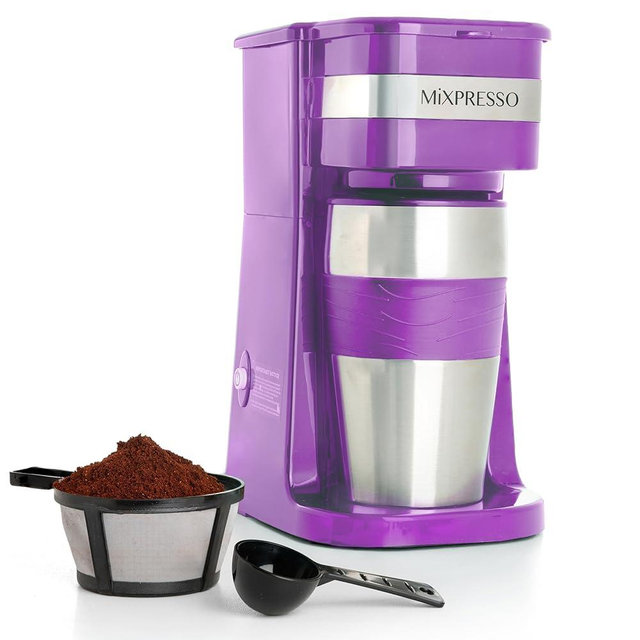 Mixpresso Personal Single-Serve Coffee Maker & 14oz Travel Mug, Drip Coffee Brewer & Tumbler, Auto Shut Off & Reusable Filter, Purple Coffee Maker Compatible with Coffee Grounds