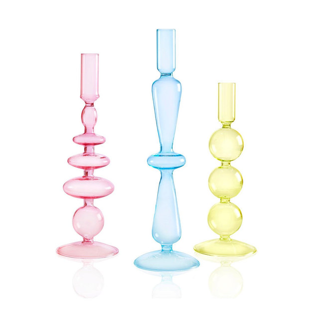 Aurora Glass 3- Piece 9.5", 11", 12" Tall Assorted Color Candlesticks