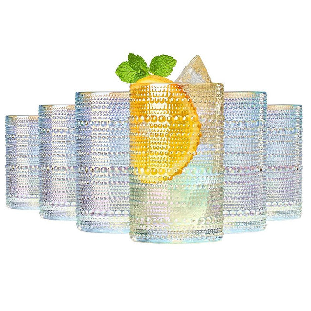 Hobnail Beaded Highball Drinking Tumbler Glasses | Set of 6 | Clear, Vintage Bubble Design Whiskey Glassware, Old-Fashioned, Embossed Design, Water, Wine, Cocktail Embossed Heavy Glass, Rocks Glass
