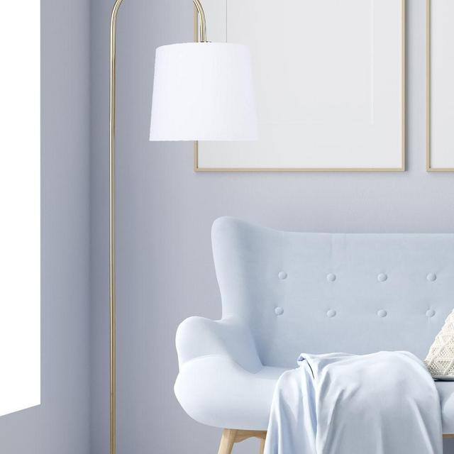 Antique Soft Brass with Slim-line Arched Design & Off-White Linen Glass Shade Floor Lamp